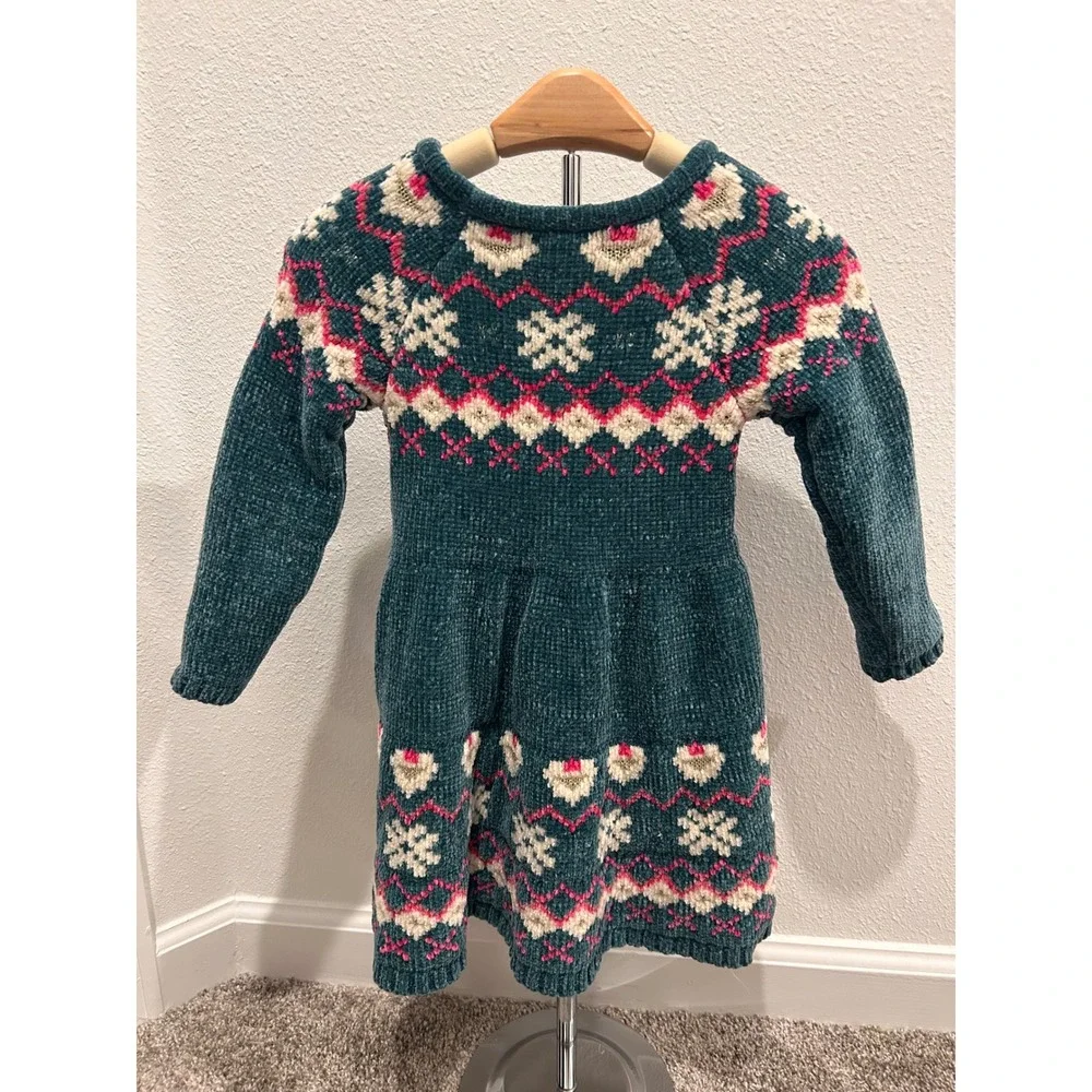 Girls Teal Fair Isle Snowflake Knit Sweater Dress Long Sleeve‎ Size 3T